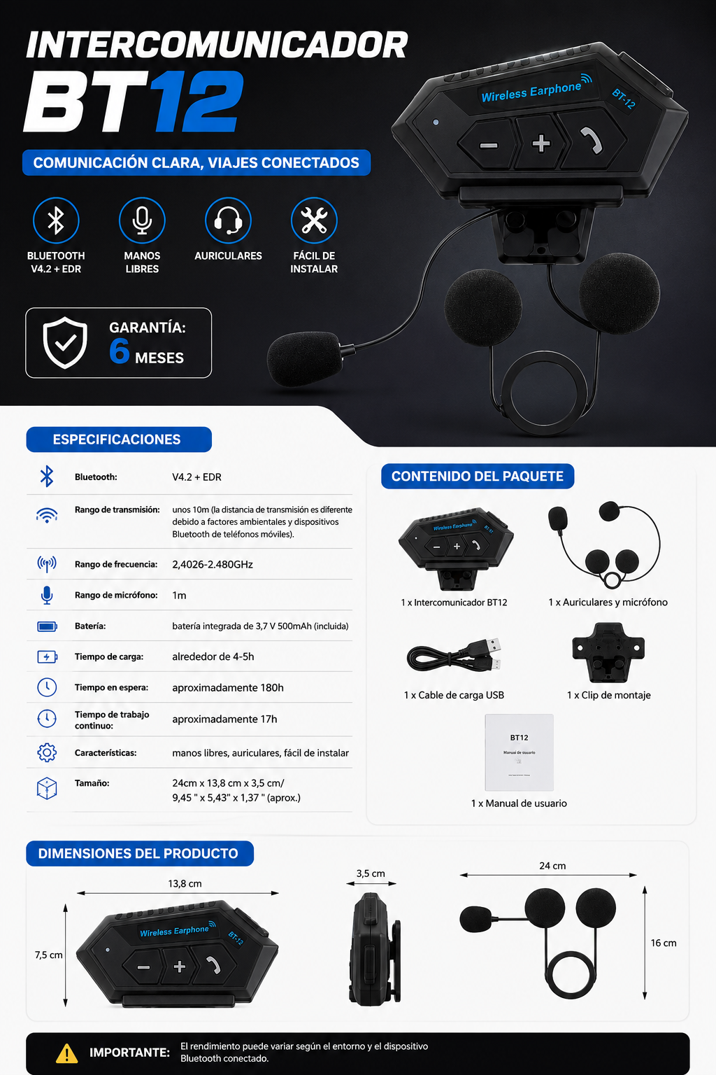 Intercomunicador Bt12 Auriculares Casco