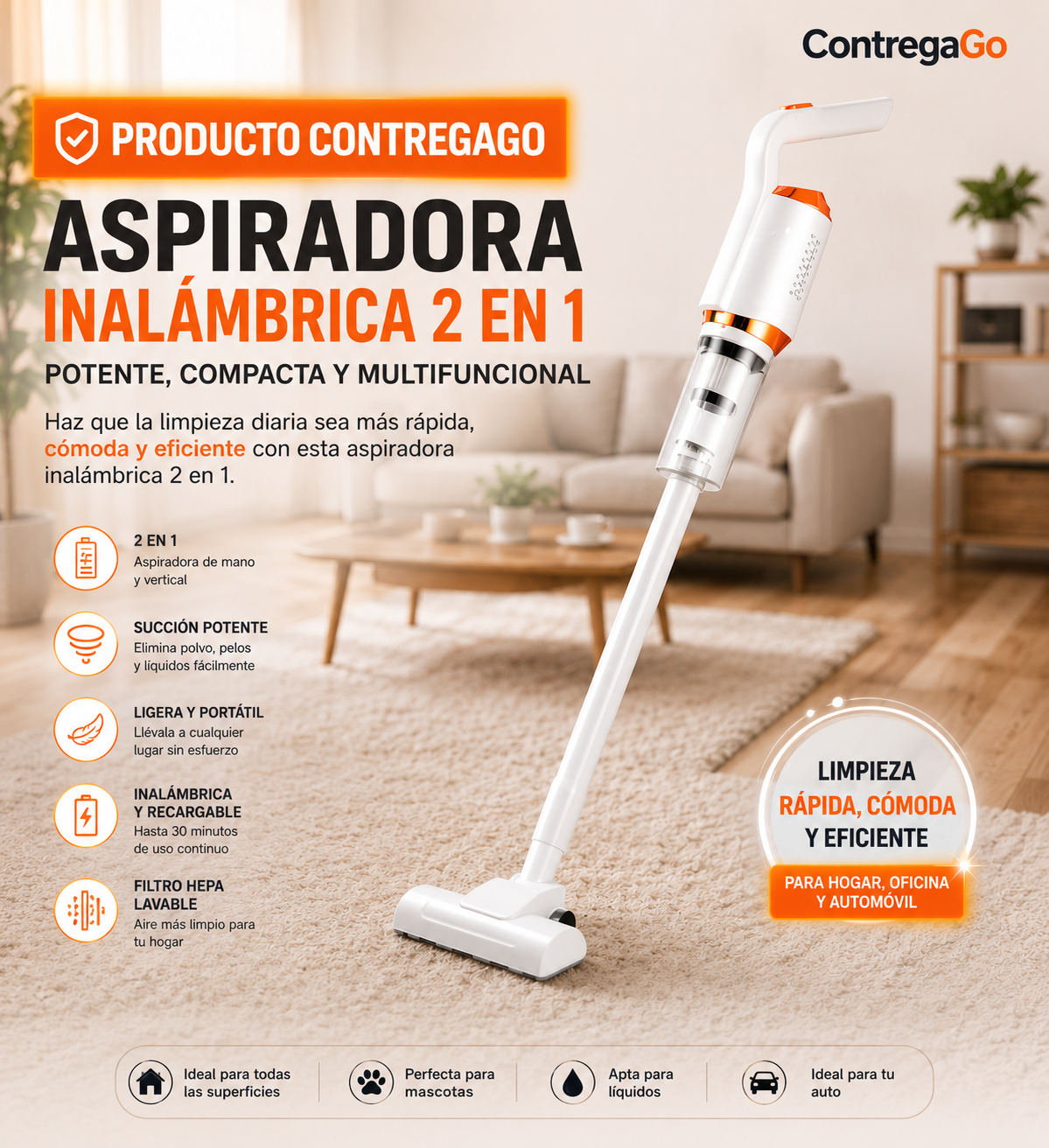 Aspiradora 3 en 1, automática y de mano,