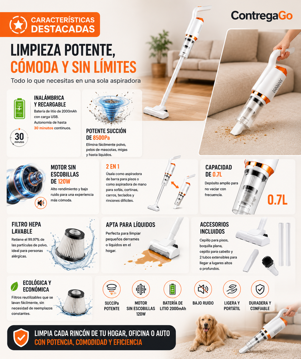 Aspiradora 3 en 1, automática y de mano,