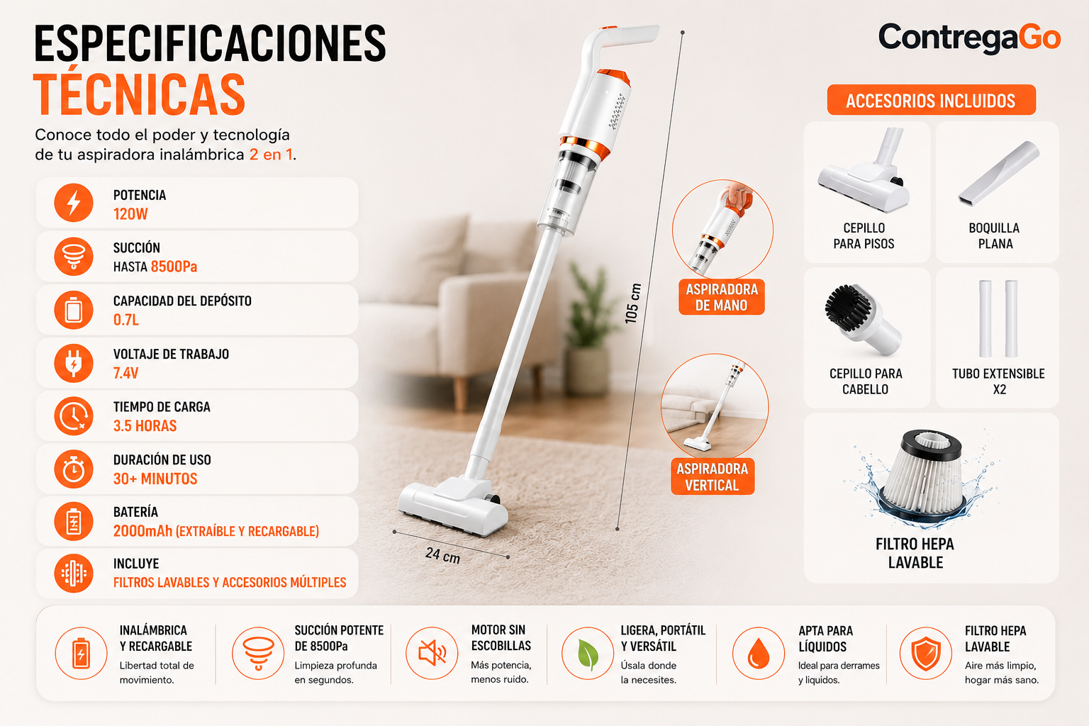 Aspiradora 3 en 1, automática y de mano,
