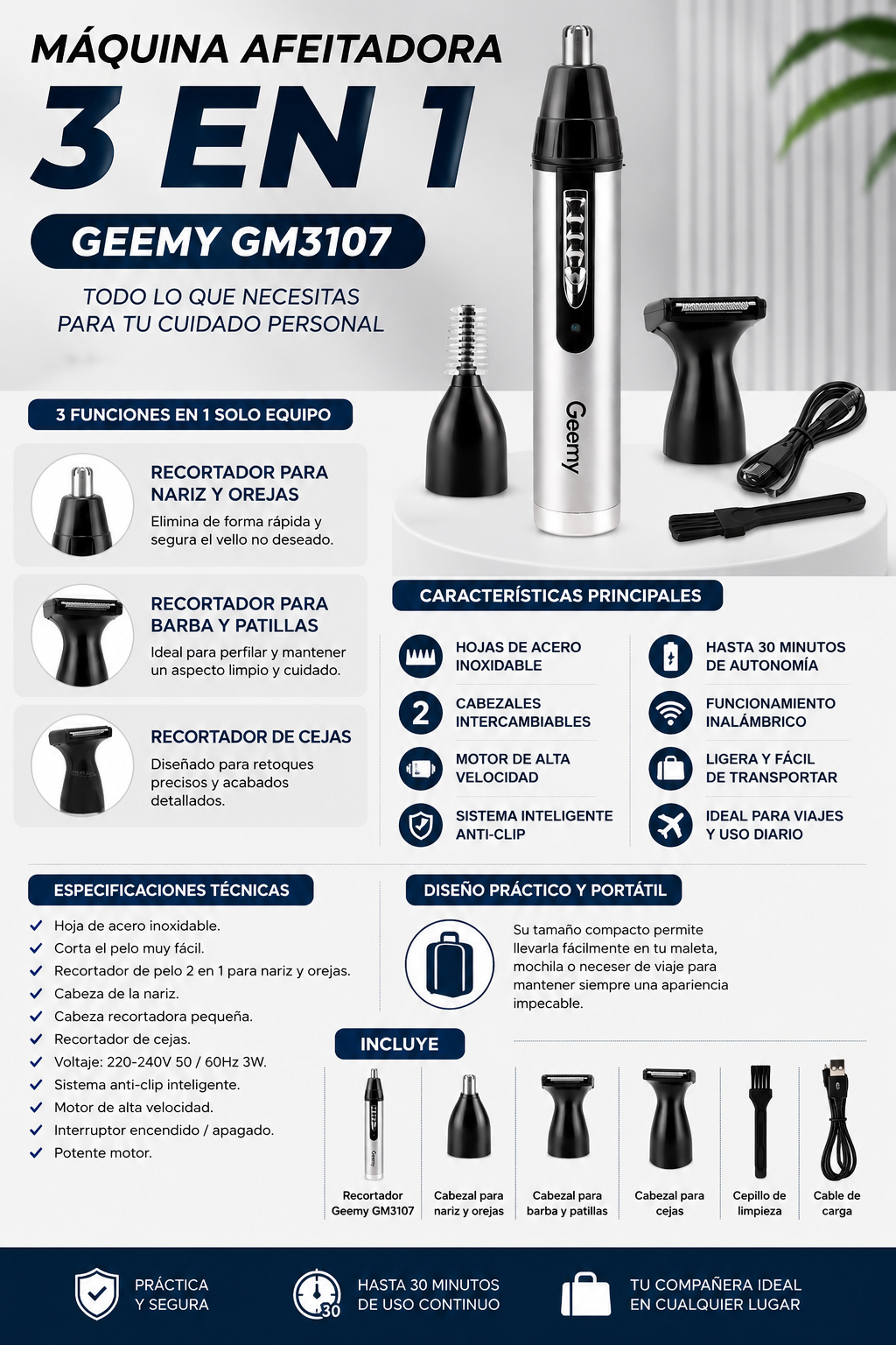 Maquina Afeitadora 3 En 1 Geemy Gm-3107