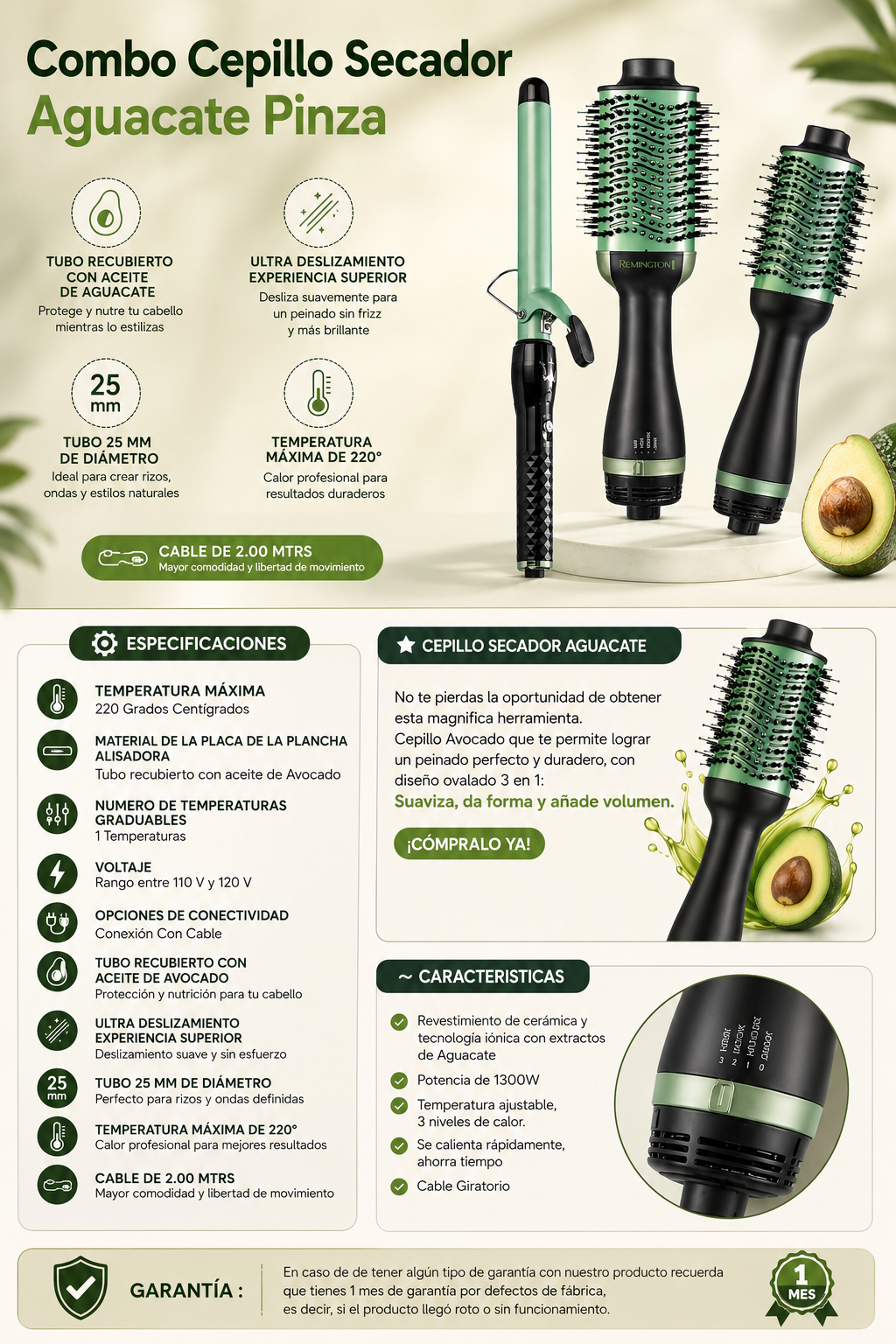 Combo Cepillo Secador Aguacate + Pinza